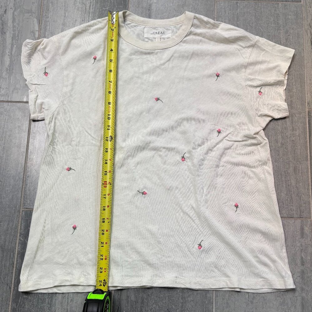 THE GREAT. Floral Embroidered Boxy Short Sleeve Crewneck Tee Cream Size 1/Medium - Picture 10 of 12